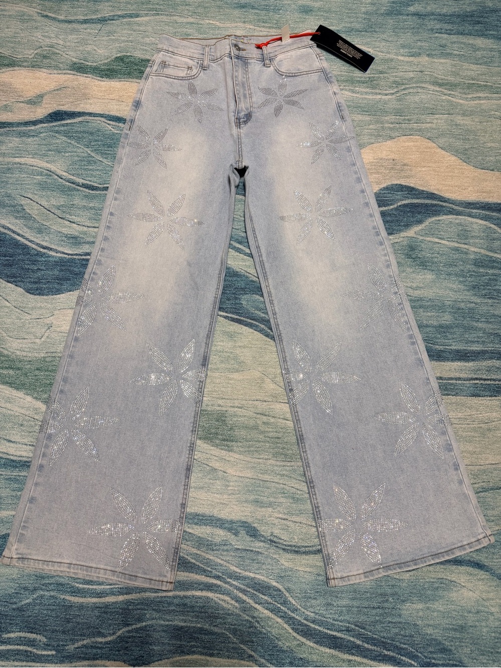 Light Blue Women's Wide-Leg Jeans with Rheinstone Sparkle Floral Accents